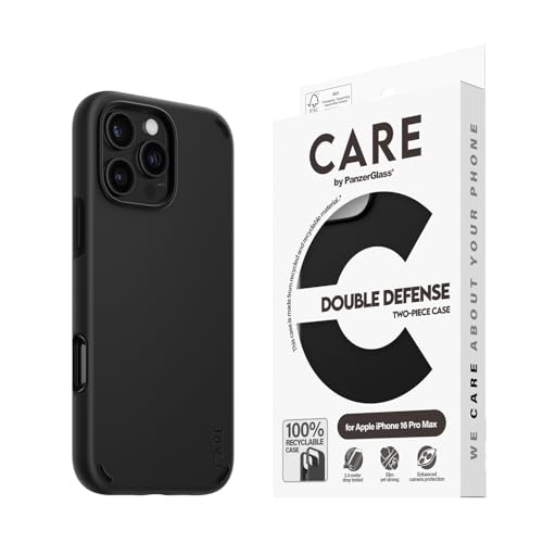 CARE BY PANZERGLASS® Handyhülle Double Defense für Apple iPhone 16 Pro Max Schwarz, sturzgeprüft aus 4,8m, kabelloses Laden, MagSafe-kompatibel, 100% recycelt von CARE BY PANZERGLASS
