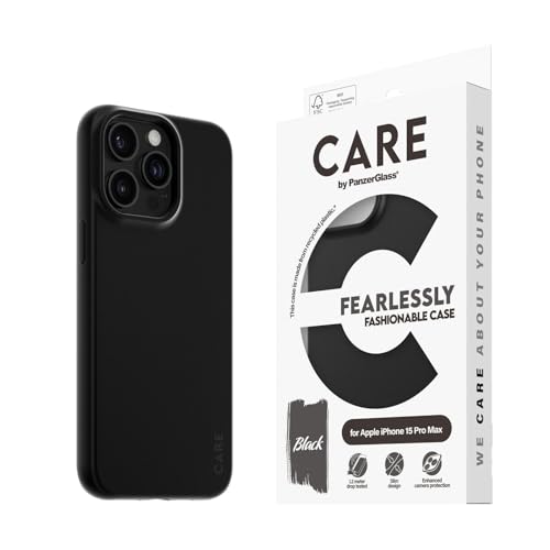 CARE BY PANZERGLASS® Handyhülle für Apple iPhone 15 Pro Max, schwarzes schlankes Design, modisch Elegantes Aussehen, verbesserter Kameraschutz, recycelte Materialien, Nahtlose MagSafe-Kompatibilität von CARE BY PANZERGLASS