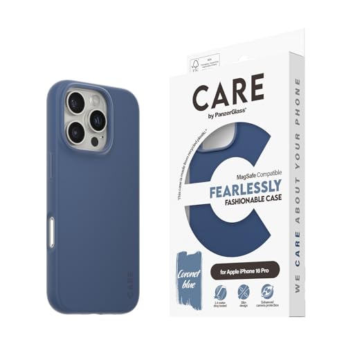 CARE BY PANZERGLASS® Handyhülle für Apple iPhone 16 Pro, schlankes Blaues Design, modisch elegantes Aussehen, verbesserter Kameraschutz, recycelte Materialien, nahtlose MagSafe-Kompatibilität von CARE BY PANZERGLASS