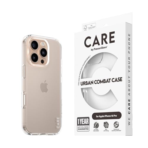 CARE BY PANZERGLASS® Urban Combat MagSafe-Handyhülle für Apple iPhone 16 Pro Transperant, sturzgetestet aus 4,8m, recyceltes Plastik, Anti-Vergilbungs-Garantie, verbesserter Kameraschutz von CARE BY PANZERGLASS