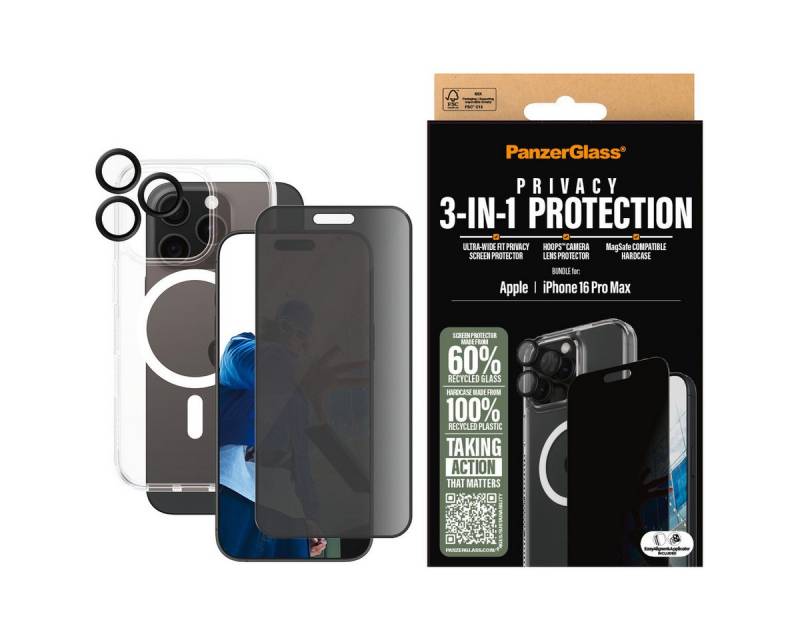 PanzerGlass Displayschutzglas 3-in-1 Privacy Protection, Glass, Hoops, Case für Apple iPhone 16 Pro Max, Displayschutzfolie, Schutzfolie, Bildschirmschutz, kratz- & stoßfest von PanzerGlass