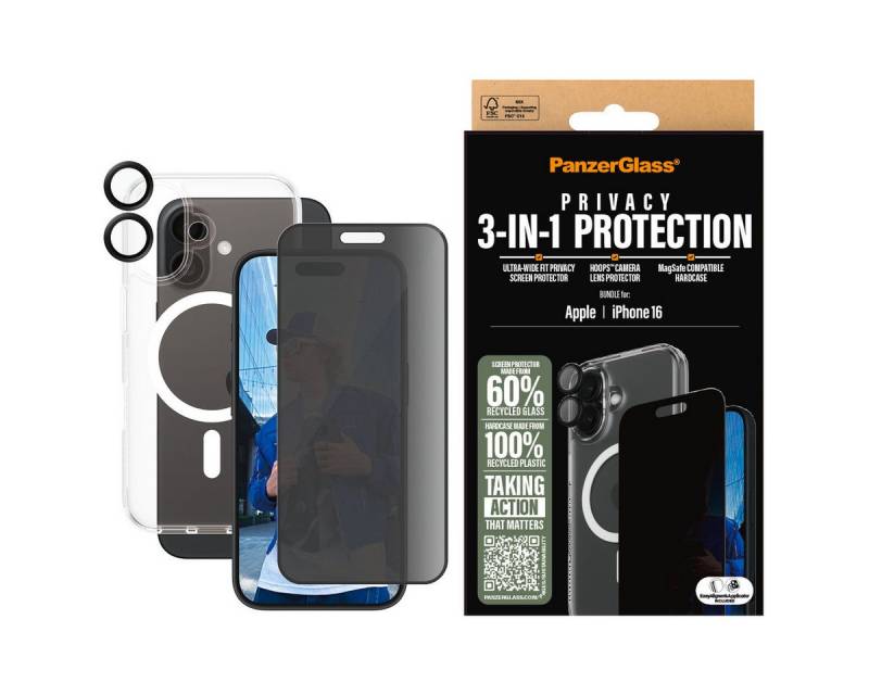 PanzerGlass Displayschutzglas 3-in-1 Privacy Protection für Apple iPhone 16, Set, 3 Stück, Displayschutzfolie, Set, Kameraglas, Cover, MagSafe, kratz- & stoßfest von PanzerGlass