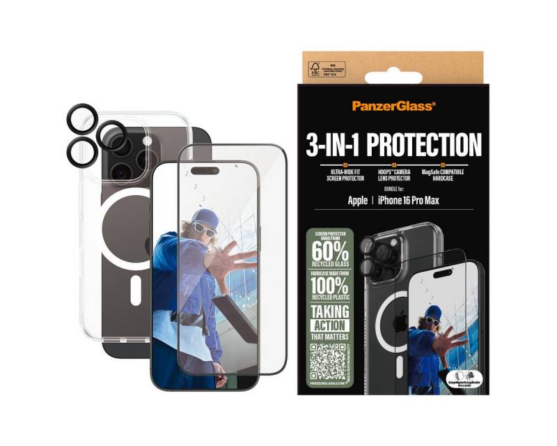PanzerGlass Displayschutzglas 3-in-1 Protection, Glass, Hoops, Case für Apple iPhone 16 Pro Max, Displayschutzfolie, Schutzfolie, Bildschirmschutz, kratz- & stoßfest von PanzerGlass