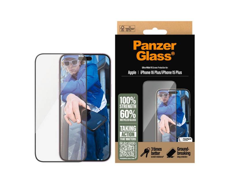 PanzerGlass Displayschutzglas Ultra-Wide Fit Screen Protection für Apple iPhone 15 Plus, Apple iPhone 16 Plus, Displayschutzfolie, Schutzfolie, Bildschirmschutz, kratz- & stoßfest von PanzerGlass