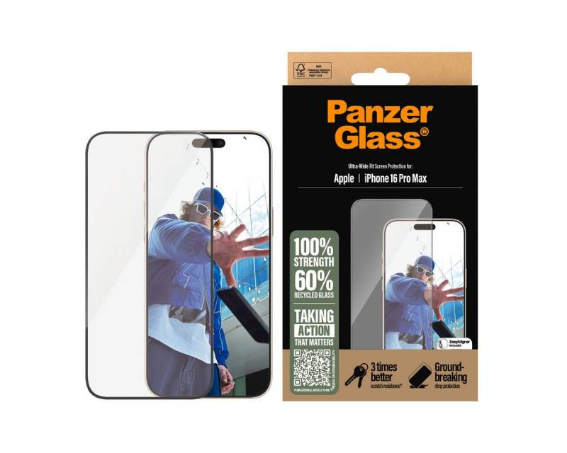 PanzerGlass Displayschutzglas Ultra-Wide Fit Screen Protection für Apple iPhone 16 Pro Max, Displayschutzfolie, Schutzfolie, Bildschirmschutz, kratz- & stoßfest von PanzerGlass