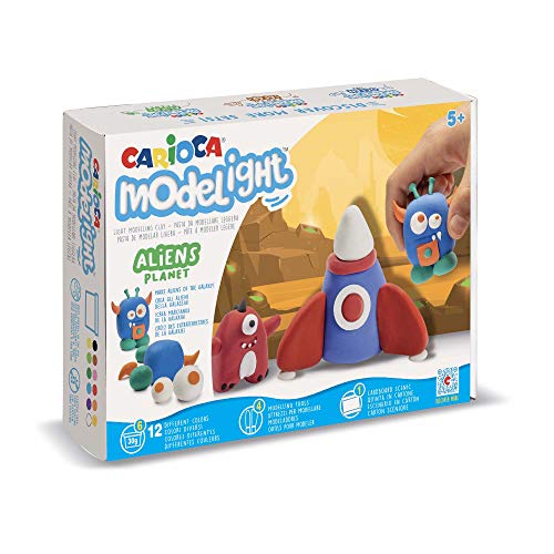 CARIOCA Modelight Maxi Aliens | Ultra leichte Modelliermasse für Kinder, Maxi-Box, weich und elastisch, 5 Jahre und +, 12 verschiedene Farben, Modellierwerkzeuge und Tutorials inklusive, 180 g von Carioca