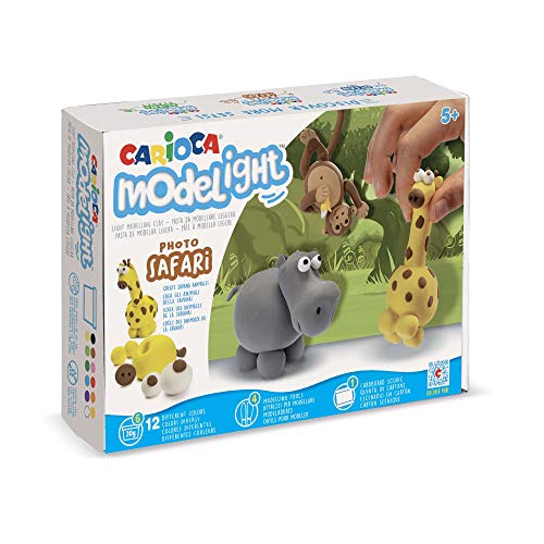 CARIOCA Modelight Maxi Safari | Ultra leichte Modelliermasse für Kinder, Maxi-Knete, weich und elastisch, 5 Jahre und +, 12 verschiedene Farben, Modellierwerkzeuge und Tutorials inklusive, 180 g von Carioca