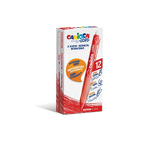 Carioca Oops Kugelschreiber, einziehbar, nachfüllbar, für Schule, Universität und Büro, mit integriertem Gummi und ergonomischem Griff, Rot, 12 Stück von Carioca