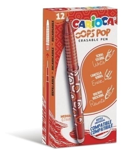 Carioca Oops Pop Radierbare Stifte Rot - 12 Stück | Set löschbare nachfüllbare Stifte für Schule und Büro mit Kapuze, doppeltem Gummi und ergonomischem Griff, rote Stifte, 12 Stück von CARIOCA