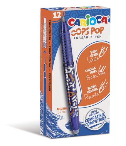 Carioca Oops Pop radierbare Stifte blau - 12 Stück | Set löschbare nachfüllbare Stifte für Schule und Büro mit Kapuze, doppeltem Gummi und ergonomischem Griff, blaue Stifte, 12 Stück von CARIOCA