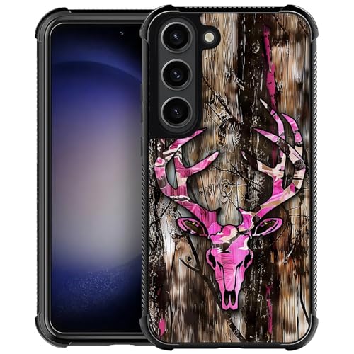 CARLOCA Kompatibel mit Samsung Galaxy S23 Hülle, Holz Rosa Jagd Hirsch Schädel Muster für Mädchen Ultra Schutz Stoßfest Weich Silikon TPU Rutschfeste Rückseite von CARLOCA
