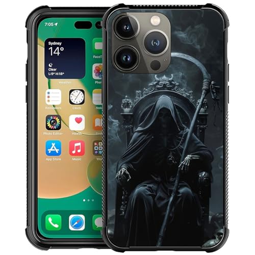 CARLOCA Kompatibel mit iPhone 14 Pro Max Hülle, Design für Mädchen, stoßfest, kratzfest, harte PC-Rückseite, modisches Muster, schwarze Roben, Sensenmann, Thron, Sense von CARLOCA