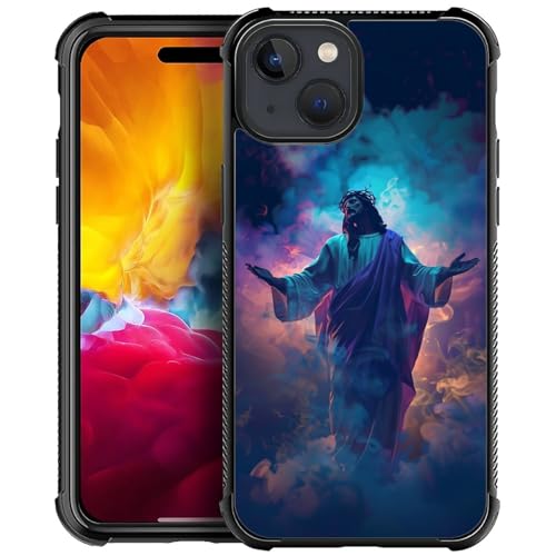 CARLOCA Kompatibel mit iPhone 15 Hülle, Design für Mädchen, stoßfest, kratzfest, harte PC-Rückseite, modisches Muster, Jesus, offene Arme, bunter Rauch von CARLOCA