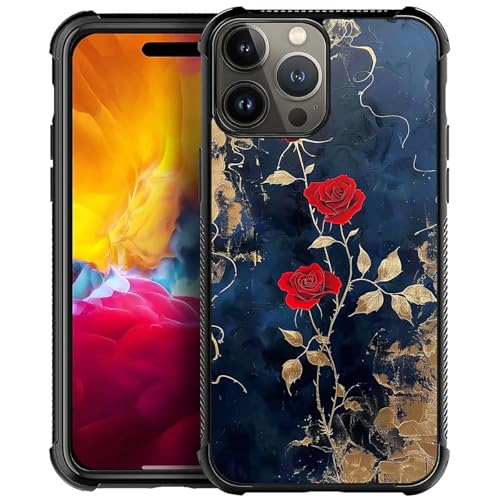 CARLOCA Kompatibel mit iPhone 15 Pro Hülle, Rote Rosen Gold Blatt Muster für Mädchen Ultra Schutz Stoßfest Weich Silikon TPU Rutschfeste Rückseite von CARLOCA