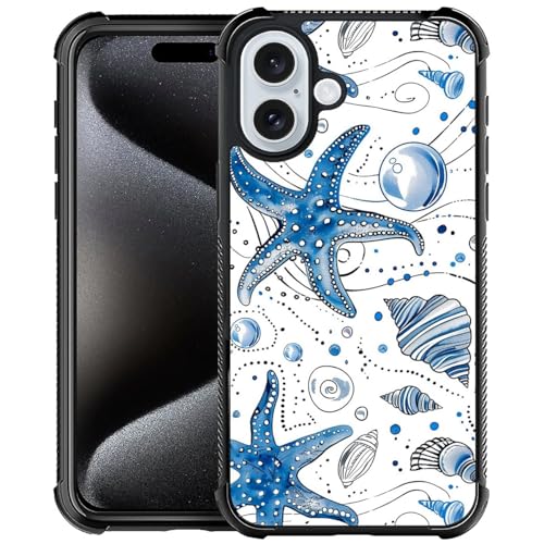 CARLOCA Kompatibel mit iPhone 16 Hülle, Blau Conch Seestern Meer Stern Muster für Mädchen Ultra Schutz Stoßfest Weich Silikon TPU Rutschfeste Rückseite von CARLOCA