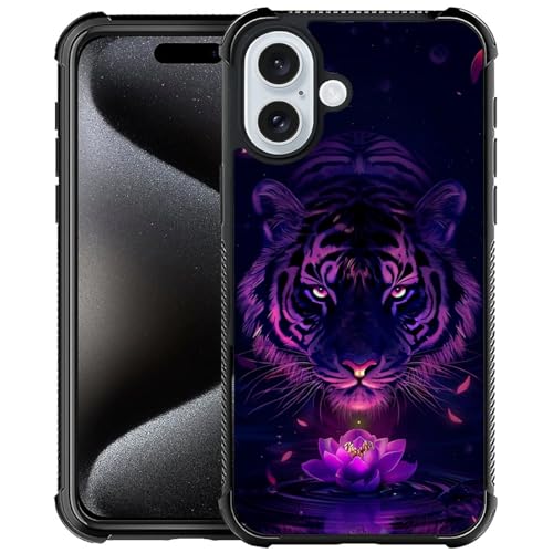 CARLOCA Kompatibel mit iPhone 16 Hülle, Design für Mädchen, stoßfest, kratzfest, harte PC-Rückseite, modisches Muster, schwarzer Tiger, violett, gestreift, Blume, Wasser von CARLOCA