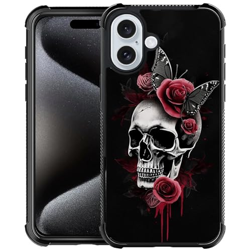 CARLOCA Kompatibel mit iPhone 16 Hülle, Retro-Rosen-Totenkopf-Muster für Mädchen, Ultra-Schutz, stoßfest, weiches Silikon, TPU, rutschfeste Rückseite von CARLOCA