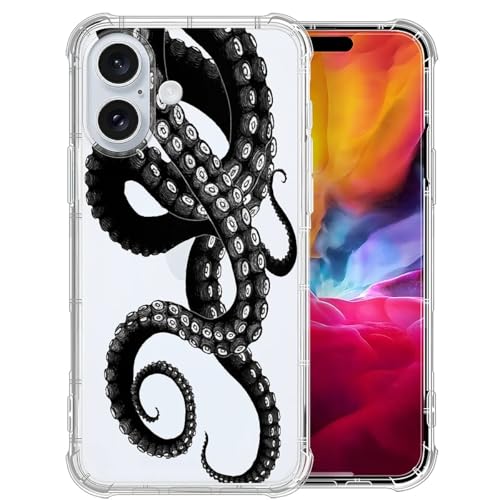 CARLOCA Kompatibel mit iPhone 16 Plus Hülle für Mädchen, transparent mit schwarzem und weißem Oktopus-Tentakel-Muster, Kunststoff, stoßfest, TPU-Stoßfänger-Schutzhülle für iPhone 16 Plus CARLOCA Kompatibel mit iPhone 16 Plus Hülle für Mädchen, transparent mit schwarzem und weißem Oktopus-Tentakel-Muster, Kunststoff, stoßfest, TPU-Stoßfänger-Schutzhülle für iPhone 16 Plus von CARLOCA