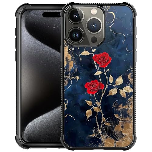 CARLOCA Kompatibel mit iPhone 16 Pro Hülle, Rote Rosen Gold Blatt Muster für Mädchen Ultra Schutz Stoßfest Weich Silikon TPU Rutschfeste Rückseite von CARLOCA