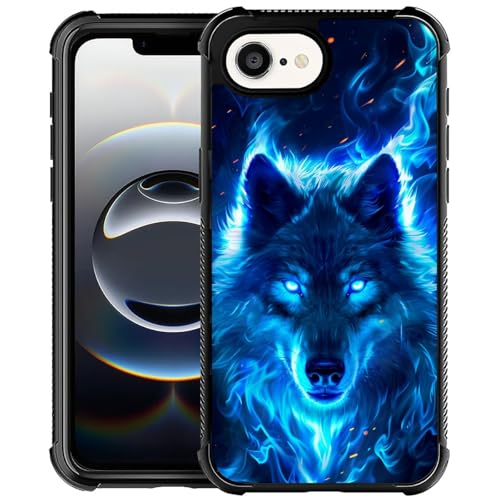 CARLOCA Kompatibel mit iPhone 16e Hülle, Design für Mädchen, stoßfest, kratzfest, harte PC-Rückseite, modisches Muster, dunkelblaue Flamme, Wolfsgesicht von CARLOCA
