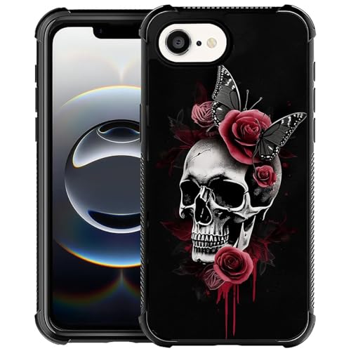 CARLOCA Kompatibel mit iPhone 16e Hülle, Retro Rose Schädel Muster für Mädchen Ultra Schutz Stoßfest Weich Silikon TPU Rutschfeste Rückseite von CARLOCA