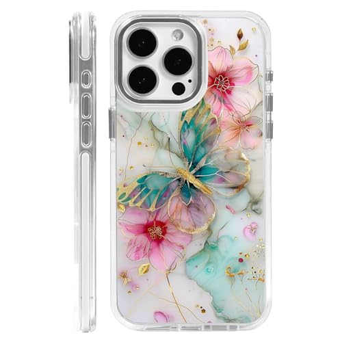 CARLOCA Schutzhülle für iPhone 15 Pro, kompatibel mit Magsafe, weiß, transparent, stoßfest, weiches Silikon, magnetisch, modisches Muster, schöne bunte goldene Schmetterlinge und Blumen CARLOCA Schutzhülle für iPhone 15 Pro, kompatibel mit Magsafe, weiß, transparent, stoßfest, weiches Silikon, magnetisch, modisches Muster, schöne bunte goldene Schmetterlinge und Blumen von CARLOCA