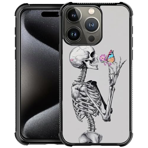 CARLOCA Schutzhülle für iPhone 16 Pro Max für Mädchen und Jungen, ultraschutz, stoßfest, weiches Silikon, TPU, rutschfeste Rückseite, Muster Skelett, Blumen, bunter Schmetterling von CARLOCA