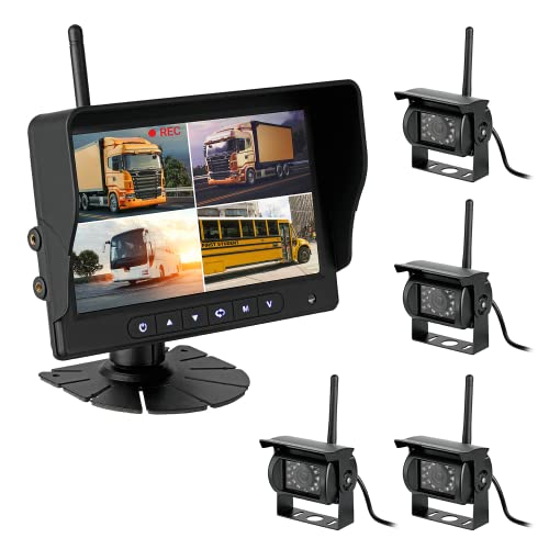 CARMATRIX AHD Funk Rückfahrsystem Digital für LKW Anhänger Wohnmobil mit Monitor 10V - 32V mit 4X Rückfahrkamera Quad-Videoaufzeichnung, DVR Videoaufnahmen, Mikrofon SD Karte von CARMATRIX