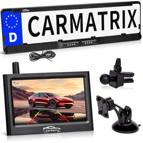 CARMATRIX Funk Auto KFZ Rückfahrkamera kabellos Nummernschild 4,3" Monitor Rückfahrsystem mit IR Nachtsicht im Kennzeichenhalter Digital zum Nachrüsten, wasserdicht Einparkhilfe ohne Solar (Kabel 1) von CARMATRIX