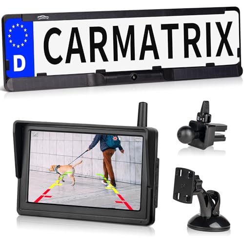 CARMATRIX Solar Funk Auto Rückfahrsystem HD Rückfahrkamera im Nummernschild mit 5" IPS Monitor Vorne o. Hinten Digital zum Nachrüsten ohne Bohren, Einparkhilfe Kennzeichenhalter kabellos (Solar 4) von CARMATRIX