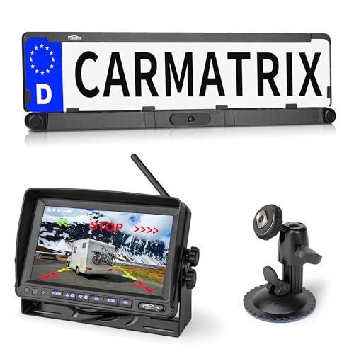 CARMATRIX Solar Funk Auto Rückfahrsystem HD für Wohnmobil, Wohnwagen, Anhänger Rückfahrkamera mit Solarpanel im Nummernschild 7" IPS Monitor Vorne o. Hinten zum Nachrüsten ohne Bohren, Einparkhilfe von CARMATRIX