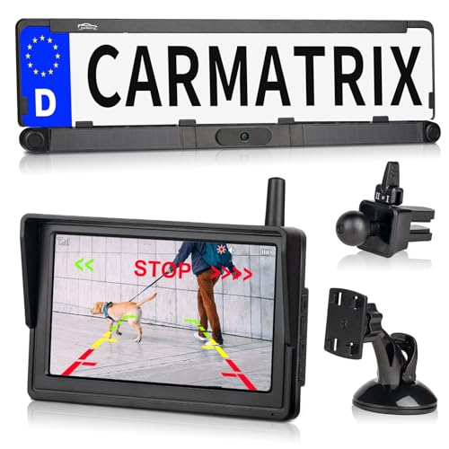 CARMATRIX Solar Funk Auto Rückfahrsystem HD Rückfahrkamera im Nummernschild mit 2 PDC Sensoren Vorne o. Hinten Digital zum Nachrüsten ohne Bohren, Einparkhilfe Kennzeichenhalter kabellos (Solar 2) von CARMATRIX