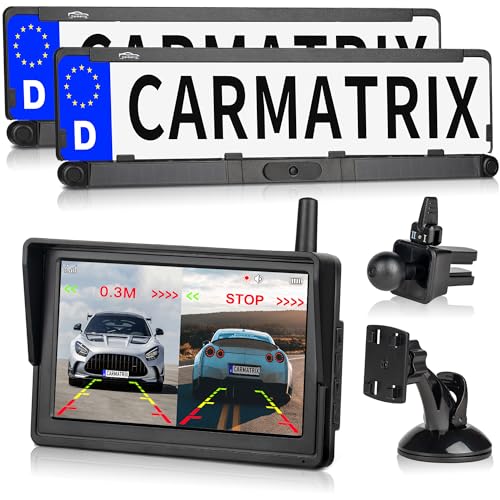 Funk Solar Auto Rückfahrkamera im Nummernschild 5" IPS Monitor Rückfahrsystem mit Solarpanel im Kennzeichenhalter Digital zum Nachrüsten ohne Bohren, PDC Einparkhilfe hinten und vorne (Solar 2 Duo) von CARMATRIX