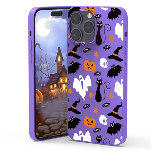 CAROKI Halloween Matte Handyhülle für iPhone 14 Pro mit lila matt Halloween Geist Kürbis Muster Soft TPU Anti-Fall Schutz Slim Stoßfest Cover für iPhone 14 Pro von CAROKI