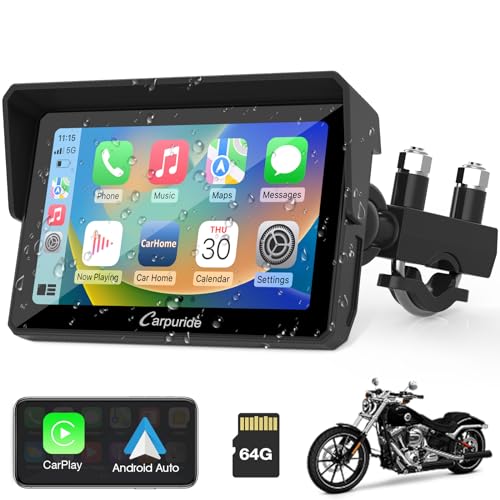 2024 Carpuride W502 Carplay Bildschirm für Moto, Tragbares CarPlay und Android Auto für Motorrad, 5 Zoll Wasserdichter Touchscreen mit Dual-Bluetooth, 64G TF-Karte, Navigation/Siri/G00gle Assistant von CARPURIDE