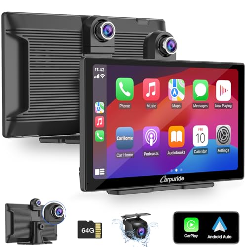 Carpuride W905 Kabelloses Carplay & Android Autoradio mit Dashcam, Tragbarem 9 Zoll HD Touchscreen, 4K Front & Rückfahrkamera, Loop Aufnahme, Bluetooth, Mirror Link, GPS, Siri, FM, 64G TF Karte. von CARPURIDE