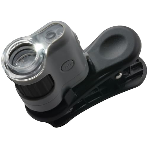 Carson MM-380 MicroMini HookUpz leistungsstarkes 20x Taschenmikroskop mit LED/UV-Beleuchtung und Taschenlampe sowie Smartphone Adapter Clip von CARSON