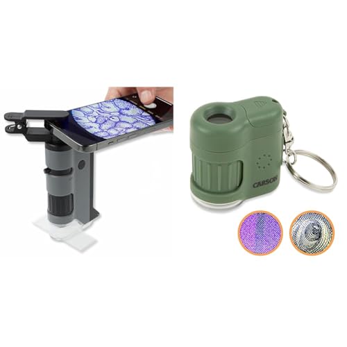 Carson MicroFlip 100x-250x Taschenmikroskop mit Smartphone-Adapter für Fotos und Videos (MP-250) & MicroMini 20x LED Taschenmikroskop mit UV-Licht und Taschenlampenfunktion, Safari Green (MM-280G) von CARSON