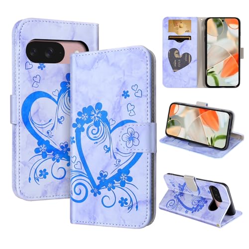 CASAFUNY Handyhülle für Google Pixel 9/9 Pro 2024, Flip Case aus PU Leder und TPU mit Ständer, Herz-Muster, Blau von CASAFUNY