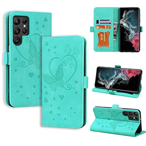 CASAFUNY Handyhülle für Samsung Galaxy S22 Ultra 5G Hülle PU Leder Tasche Cover für Samsung S22 Ultra mit Kartenfach Flip Case Magnetisch Klapphülle Schutzhülle für Samsung Galaxy S22 Ultra 5G, Grün von CASAFUNY