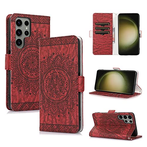 CASAFUNY Handyhülle für Samsung Galaxy S23 Ultra 5G Hülle, PU Lederhülle Flip Wallet Case für Samsung S23 Ultra, Magnetische Schutzhülle Ledertasche Klapphülle für Samsung Galaxy S23 Ultra, Rot von CASAFUNY