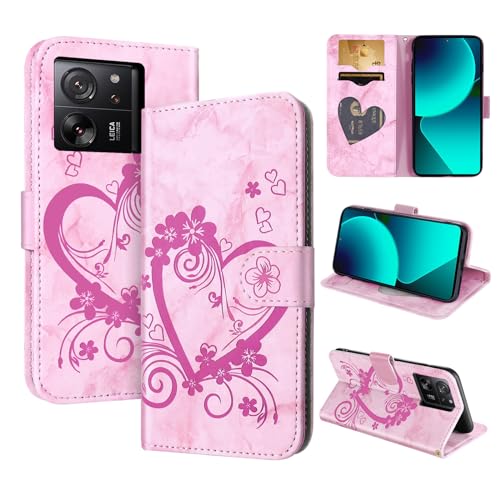 CASAFUNY Handyhülle für Xiaomi 13T/Xiaomi 13T Pro Hülle Tasche PU Leder Flip Case Brieftasche Kartenfach Klapphülle Handytasche Case Schutzhülle für Xiaomi Mi 13T/13T Pro, Rosa von CASAFUNY
