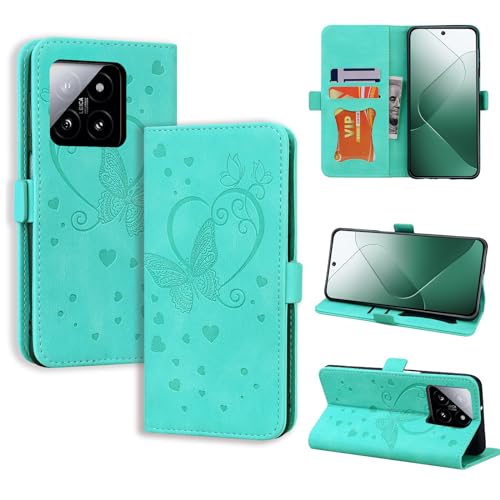 CASAFUNY Handyhülle für Xiaomi 14, PU Leder Tasche Cover mit Kartenfach Flip Case, Grün von CASAFUNY