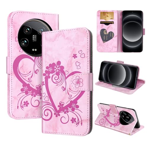 CASAFUNY Handyhülle für Xiaomi 14 Ultra Hülle Tasche PU Leder Flip Case Brieftasche Kartenfach Klapphülle Handytasche Case Schutzhülle für Xiaomi 14 Ultra, Rosa von CASAFUNY