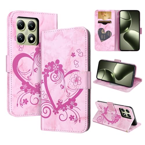 CASAFUNY Handyhülle für Xiaomi 14T 5G Hülle Tasche PU Leder Flip Case Xiaomi 14T Brieftasche Kartenfach Klapp hülle Handytasche Case Schutzhülle für Xiaomi Mi 14T - Rosa von CASAFUNY