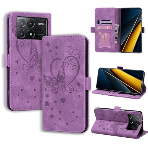 CASAFUNY Handyhülle für Xiaomi Poco X6 Pro 5G Hülle, PU Leder Tasche Cover mit Kartenfach Flip Case Magnetisch Klapphülle Schutzhülle für Xiaomi Poco X6 Pro 5G, Violett von CASAFUNY