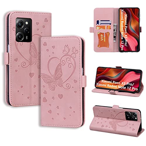 CASAFUNY Handyhülle für Xiaomi Redmi Note 12 Pro 5G/ Xiaomi Poco X5 Pro 5G Hülle, PU Leder Tasche Cover Flip Case Magnetisch Klapphülle Schutzhülle für Xiaomi Poco X5 Pro/Redmi Note 12 Pro 5G, Rosa von CASAFUNY