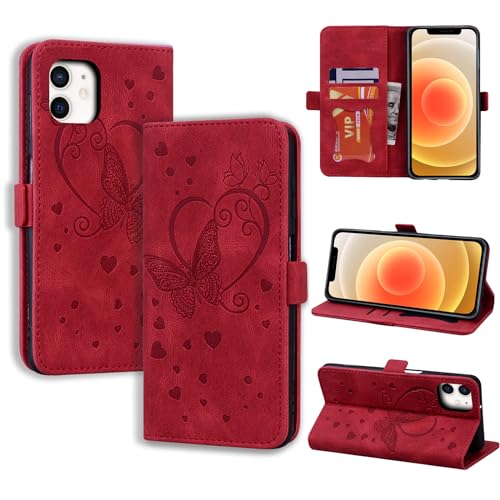 CASAFUNY Handyhülle für iPhone 12 Hülle iPhone 12 Pro Hülle, PU Leder Tasche Cover mit Kartenfach Flip Case Magnetisch Klapphülle Schutzhülle für iPhone 12/iPhone 12 Pro, rot von CASAFUNY