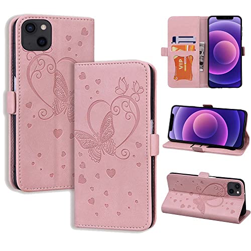 CASAFUNY Handyhülle für iPhone 13 Hülle 6,1 Zoll (2021), PU Leder Tasche Cover mit Kartenfach Geld Slot Ständer Flip Case Magnetisch Klapphülle Schutzhülle für iPhone 13 Case, Rosa von CASAFUNY