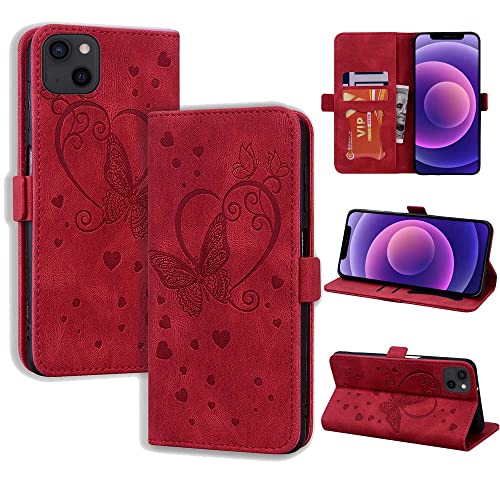 CASAFUNY Handyhülle für iPhone 13 Hülle 6,1 Zoll (2021), PU Leder Tasche Cover mit Kartenfach Geld Slot Ständer Flip Case Magnetisch Klapphülle Schutzhülle für iPhone 13 Case, rot von CASAFUNY